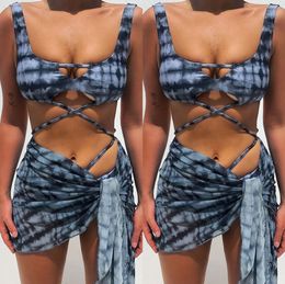 2021 NEW Sexy Bikini Female Retro Tie-dyed Print Bathing Suit Women Chiffon Cross Bandage Three-pieces Bikini Push Up Swimwear