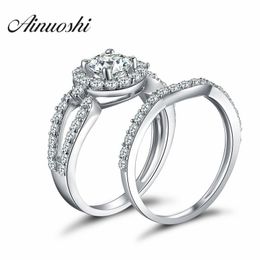 AINOUSHI 925 Sterling Silver 4 Prongs Engagement Bridal Ring Sets Halo Sona Round Cut Women Wedding Anniversary Bridal Ring Sets Y200106