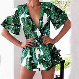 MAXIORILL Ladies combi pantalon femme Summer Lantern Sleeve V-neck Green Plantain Print Cool Jumpsuit buzo mujer de algodon Y* T200704