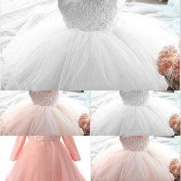 Newborn Baby Girl Dress Vestido Infantil Baby White Pink Lace Baby Dress Wedding Party Gowns Long Sleeves Girls Baptism 1 Year Q1223