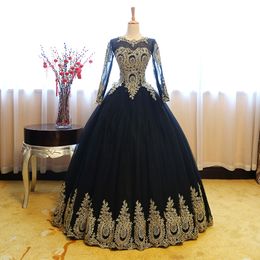 2021 New Arrival Long Sleeve Black Ball Gown Quinceanera Dresses Gold Appliques Sweet 16 Dress Debutante Prom Party Dress Custom Made 004