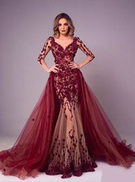 Neue burgunderfarbene Abendkleider mit abnehmbarer Schleppe und langen Ärmeln, Blumen, Dubai, Kaftan, Saudi-Arabien, elegantes formelles Kleid, muslimische Robe de soir￩e