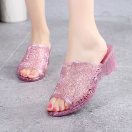 Solid Color Sequins Sexy Open Toe Hollow Crystal Platform Elegant Fish Mouth Wedge Slipper House Slides Mesh Non-Slip Shoes Y1202