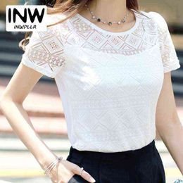 Women Lace Blouse Femme Tops Chiffon Shirt Summer 2019 White Short Sleeve Blusa Feminina Hollow Women Top Shirt Blouse Plus Size H1230