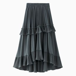 Beige Black Fashion Korean Ruffle Midi Long A-line Skirt Women Casual Spring Summer High Waist Irregular All-match Skirts Female 201111