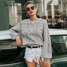 Simplee Hollow out knitted women pullover sweater Lantern sleeve female autumn winter sweater O-neck casual ladies jumper 201023