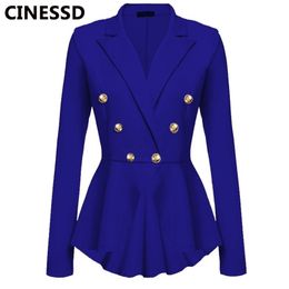 CINESSD Women Blazer Coats Notched Long Sleeves Double Breasted Metal Button Slim Casual Suits Jackets Solid Cotton Lady Blazers 201201