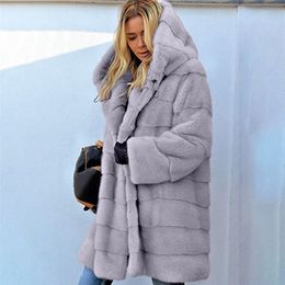 4XL 5XL Plus Size Faux Fur Coat Women Autumn Winter Long Sleeve Hooded Thick Warm Long Coat Casual Loose Oversize Outwears 201212