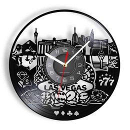 Las Vegas Landscape Vinyl Record Art Casino Wall Clock Nevada Cityscape Home Office Gambling Decor Retro Vinyl Album Wall Watch H1230