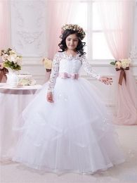 Hot White Flower Girl Dresses for Weddings Lace Long Sleeve Ball Gown Girls Pageant Dresses First Communion Dress for Little Girls