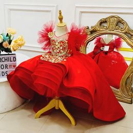 Red Beaded Ball Gown Girls Pageant Dresses High Low Princess Flower Girl Dress Floor Length Tulle Tiered First Communion Gowns 415