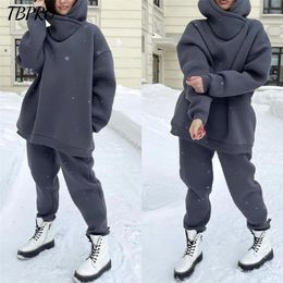 Casual Women Autumn Winter Warm Tracksuit Two Piece Set Oversize Hoodie Sweatshirts and Pants Sportswear Outfit Solid 220315