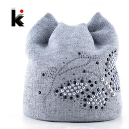 Winter Cat Beanie Hat Ladies Knit Hats For Women Beanies Caps Pearls Butterfly Diamond Beanie Touca Knitted Cap With Ear Flaps Y201024