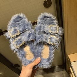 Ladies Summer Soft Furry Slides Outdoor Slipper Shoes with Diamond Buckle X1020