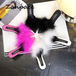 Hot Sale Personality Slippers Women Sexy Women's Shoes Slip On Sandals High Heel Fur Slides Fashion Summer Ladies Slippers Y200423