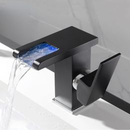 LED Waterfall Bathroom Basin Faucet, Single Handle Cold Hot Water Mixer Sink Tap RGB Color Change Powered by Water Flow