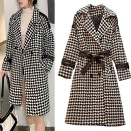 Autumn Winter Long Coat Women Casual Plus Size Plaid Double Breasted Wool Blazers Jacket Female Elegant Overisze Outwear 201223