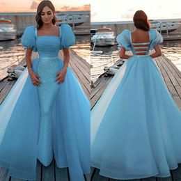 2021 Arabic Mermaid Evening Dresses with Detachable Train Lace Beaded Sexy Back Short Sleeves Prom Dress Customise Blue Formal Gowns