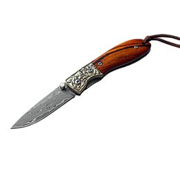 EDC Pocket Folding Knife Damascus Steel Blade Rosewood Handle Knives With Nylon Bag H5371