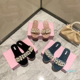 Designer- Women fashion sandals pearl slippers lady outer wear suede flip-flops flat vacation beach shoes