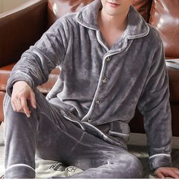 Autumn Winter Thick Warm Flannel Pajama Sets For Men Long Sleeve Coral Velvet Sleepwear Suit Loungewear Homewear Home Clothes 201109