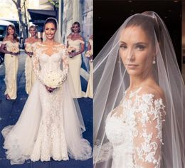 Sexybride Lace Mermaid Wedding Dresses With Detachable Train Long Sleeves Illusion Appliques Sexy Open Back Overskirt Bridal Gowns Vestidos