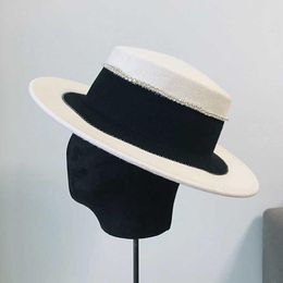 Hot Sale-Fibonacci Vintage Felt Wool Fedora Hat Women Flat Top Jazz Caps Wide Brim Bowler Elegant Lady Hats Black White Patchwork