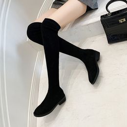 Thigh High Boots Women Fur Warm Over The Knee Boots Sock Long High Flats Winter Autumn Plush Elastic Fabric Ladies Shoes