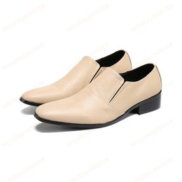 Classic Khaki Genuine Leather Men Shoes Square Toe Business Formal Shoes Slip on Male Party Dress Shoes Footwear