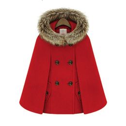 Woolen Female Elegant Poncho and Capes Coat Women Hooded Cape Fur Collar Double Breasted Winter Loose Street Short Overcoat Red 201214