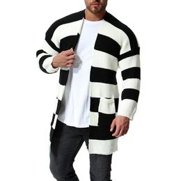 New Brand Long Cardigan Sweater Men British Style Loose Black White Striped Sweatercoat With Pocket Knit Windbreaker Male