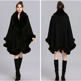 Elegant V Lapel Rex Rabbit Fur Coat Cape Winter Women Big Long Shawl Full Trim Faux Fur Cashmere Cloak Overcoat Parka New 201209