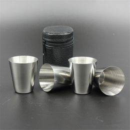 4Pcs/set Wine Cup Set 30ml 1oz Shot Glass Pack Whisky Tumbler Stainless Steel Liquor Cups Portable Mug Leather Bag Keychain 4in1