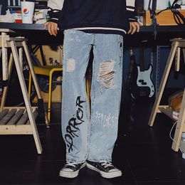 Men's Jeans High Street 2022 Fashion Hip-hop Graffiti Japanese Broken Hole Loose Straight Cut Letters Wide-leg Pants1