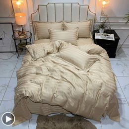 Luxury Satin Silk Duvet Cover King Size Bedding Set Stripe Quilt Covers Single Double Queen Nordic White Grey Bed Sheet LJ201015
