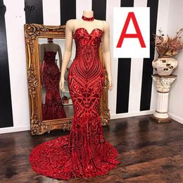 Sheer Neck Red Sparkly Mermaid Prom Dress Black Girls Evening Dress Party Gowns vestidos de fiesta Abendkleider
