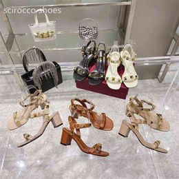 Sandals Luxury Designer Stud Sandals Genuine Leather Slingback Pumps Ladies Fashion Rivets Shoe Party Block High Heel 6.5cm 34-42 220309