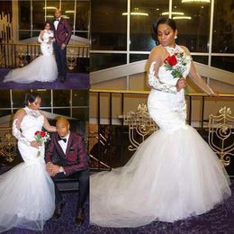 2021 Langarmes Kleider afrikanische Plus -Größe Meerjungfrau Sweep -Zug -Juwelhals -Spitze -Applikat für maßgeschneiderte Hochzeitskleid Vestido de Novia