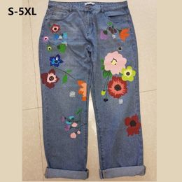 Women's fashion hot sale printed flowers jeans thin washed denim trousers casual full length pants large size S-5XL 201105