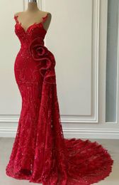 Aso árabe ebi vermelho luxuoso sereia noite sheer neck vestidos de baile renda frisado formal festa segunda recepção vestidos zj493