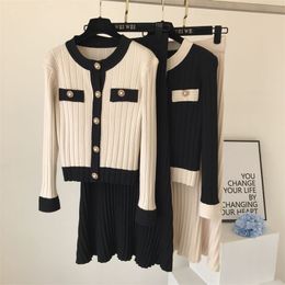 High Quality Spring Fall Knit 2 Piece Set Women Office Lady Single Breasted Sweater Cardigan + Pleated Long Skirt Suit Sets 211221