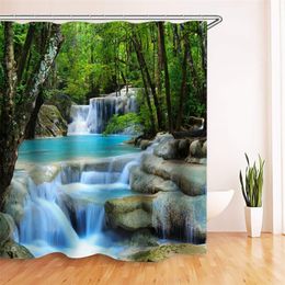 3D Waterfall Scenery Waterproof Shower Curtain Bathroom Landscape Trees Flower Bath Mat Set Pedestal Rug Lid Toilet Cover LJ201128