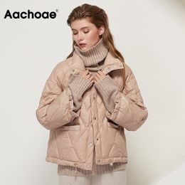 Aachoae Casual Solid Women 90% White Duck Down Jacket Batwing Sleeve Loose Pocket Coat Stand Collar Warm Outwear Ropa Mujer 201103