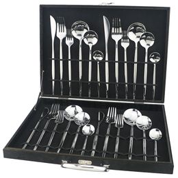 24pcs Cutlery Set 304 Stainless Steel Silver Dinnerware Set Knife Dessert Fork Spoon Silverware Kitchen Tableware Set Black Box 201116