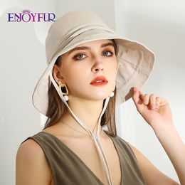 ENJOYFUR Women Cotton Summer Sun Hats Wide Brim Foldable Fashion Beach Hat Adjustable Lace-up UV Sun protection Female Cap New Y200602