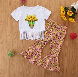2021 Spring Kid Clothing Sets Short Sleeve Tassel T-Shirt Top + Sunflower Printed Flare Pants 2Pcs/Sets Fashion Boutique Girls Outfits
