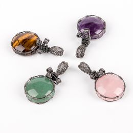 Hand Woven Gemstone Flat Round Bead Creative Pendant Natural Stone Personality Fashion DIY Women Necklace Amethyst Rose Quartz Healing Crystal Jewellery Handicraft