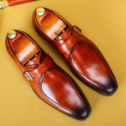 Plus Size Luxury Genuine Leather Formal Dress Office Shoes Square Toe Monk Strap Men's Wedding Party Oxfords For Bridal