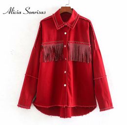 Women Spring Fringed Denim Jacket Retro Tassels Rivets Oversized Beading Jeans Jacket Loose Red Army Green Outerwear 201106