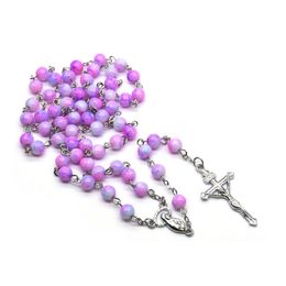 Gradient Purple Religious Rosary Round Beads Cross Virgin Mary Fashion Pendant Necklace For women